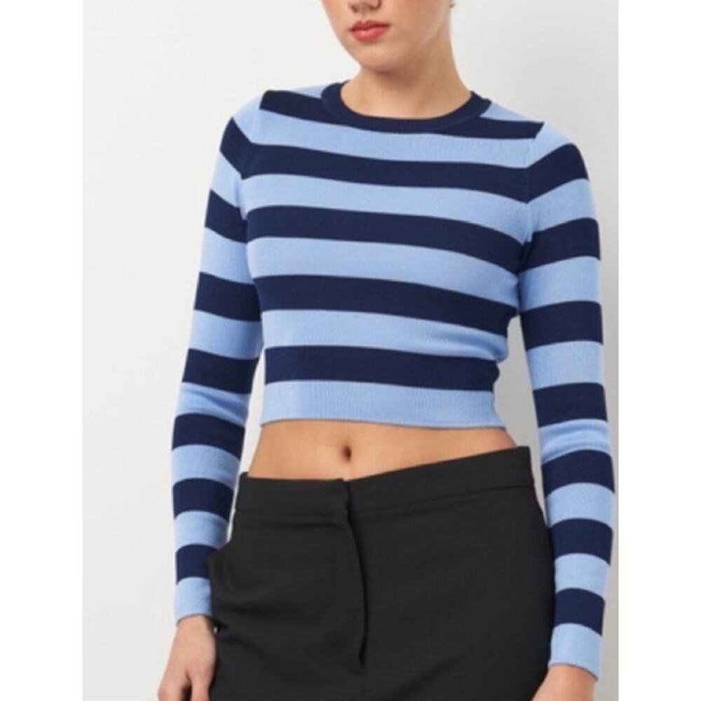 Zara Navy Blue Striped Ribbed Knit Long Sleeve Cropped Top Size S 90's Y2K